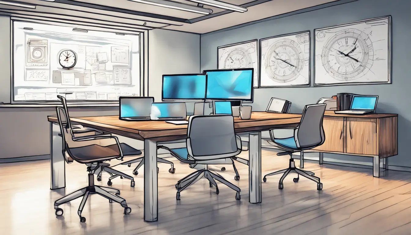 Mesa de escritório moderna com laptop exibindo dashboard de mídia social, quadro branco com fluxograma ao fundo, ideal para agilizar aprovações.
