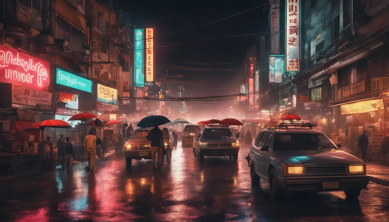 Rua movimentada à noite com letreiros de néon, carros com faróis acesos, pedestres caminhando e um carrinho de vendedor ambulante com guarda-chuva colorido.