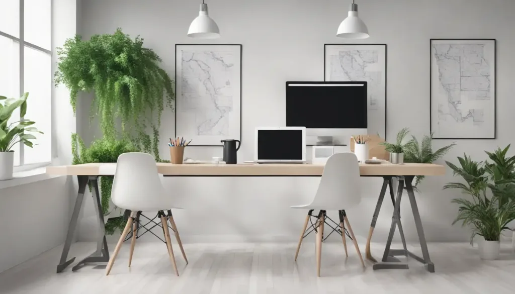 Escritório moderno com mesa de reuniões, cadeiras, quadro branco com gráficos, laptops abertos e plantas em vasos.