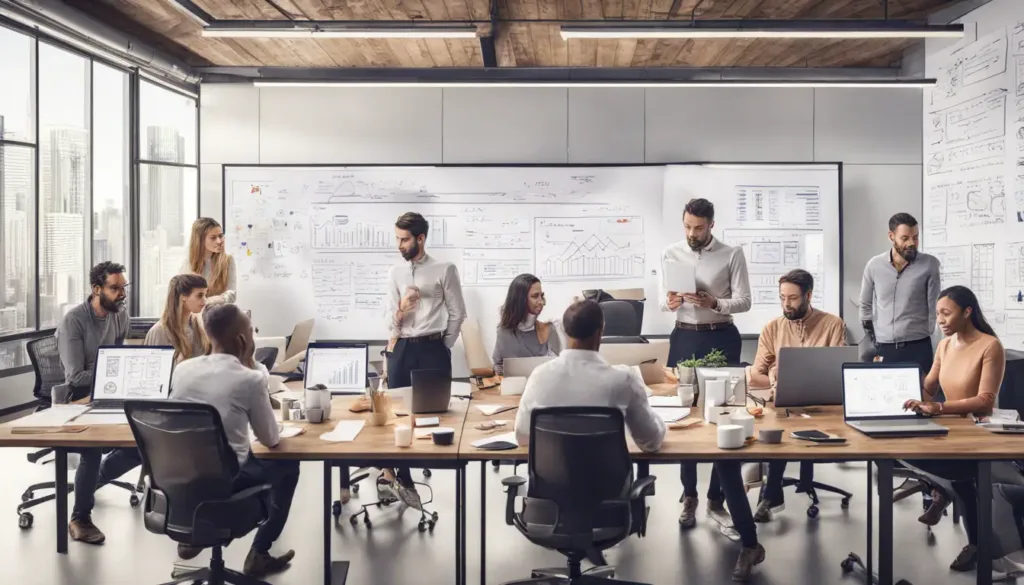 Grupo diverso de pessoas trabalhando em mesa de escritório grande com laptops, xícaras de café, cadernos e smartphones, com quadro branco cheio de diagramas atrás deles.