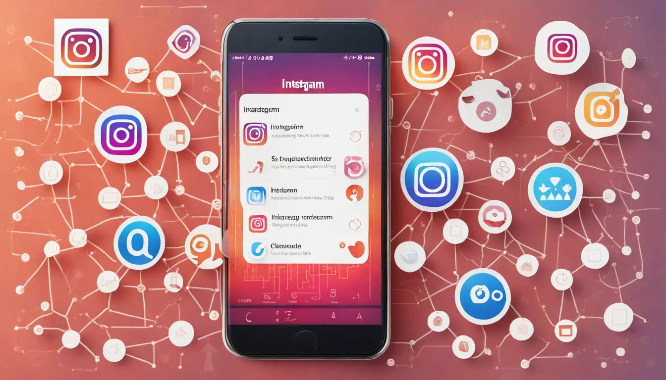 Smartphone mostrando a interface do Instagram com ícones e gráficos, cercado por ícones flutuantes de curtidas, comentários e compartilhamentos.