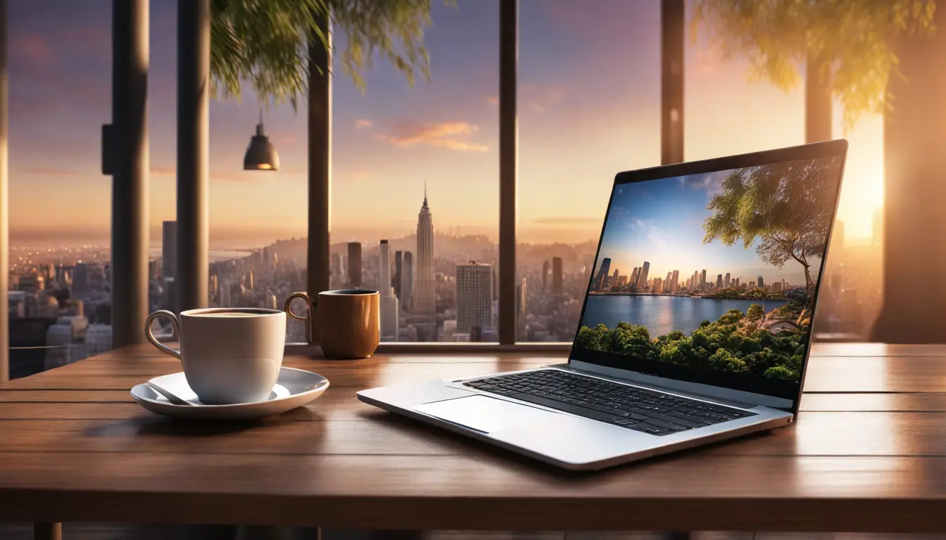 Uma mesa de escritório com laptop exibindo gráficos de marketing, xícara de café, planta pequena e janela com vista para a cidade ao entardecer.