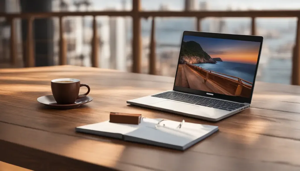 Pessoa de pé em escritório moderno com mesa de madeira, laptop, caderno e xícara de café, grande janela ao fundo com vista para a cidade.
