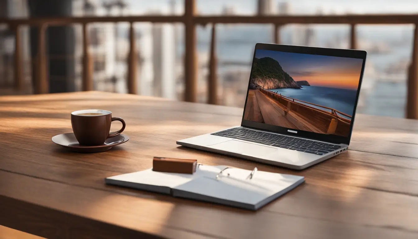 Pessoa de pé em escritório moderno com mesa de madeira, laptop, caderno e xícara de café, grande janela ao fundo com vista para a cidade.