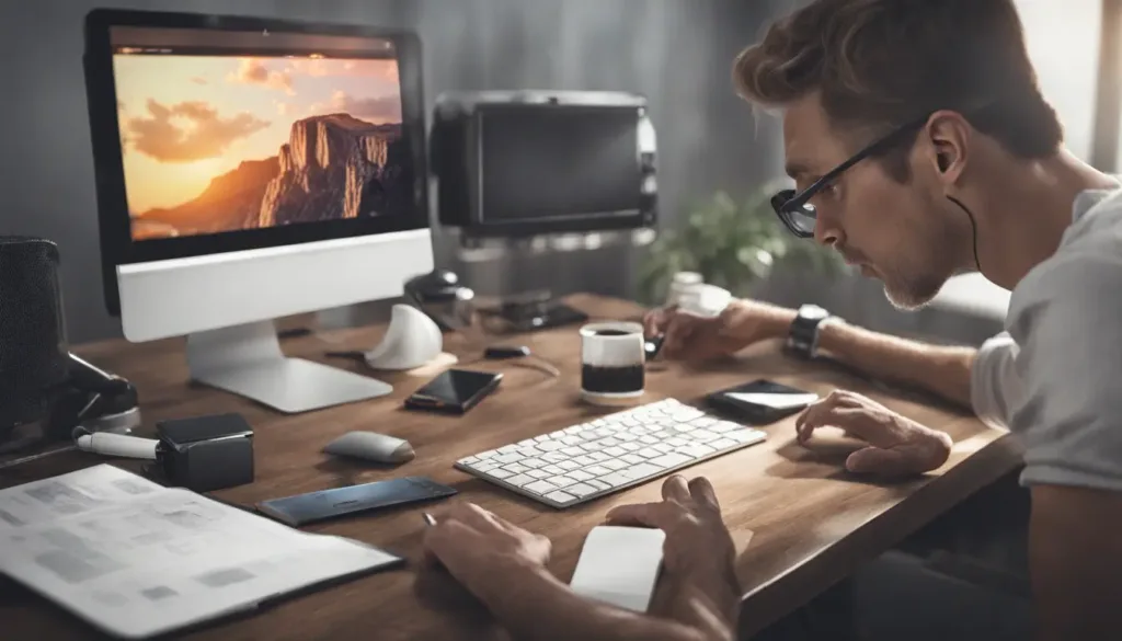 Laptop com gráfico financeiro na tela, relógio metálico, calculadora e xícara de café sobre uma mesa de madeira clara.